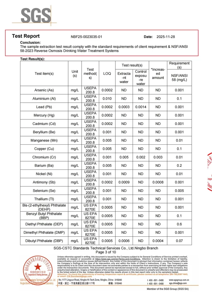 SGS test results showing ChengrongTimes PVDF ultrafiltration membrane complies with NSF/ANSI 58-2023 requirements