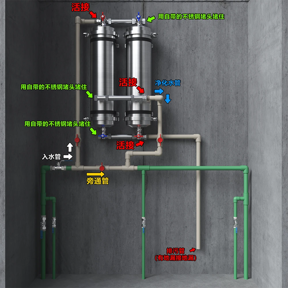 Whole house water filtration system installation guide with customized plumbing layout for ultrafiltration water purifier installation.