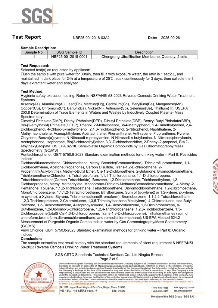 SGS test report for ChengrongTimes PVDF ultrafiltration water filters tested according to NSF/ANSI 58-2023 material safety requirements