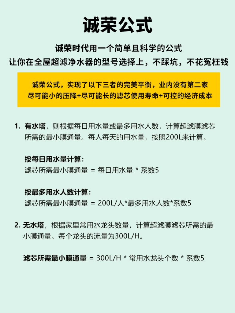 ChengRong Formula for sizing a whole-house ultrafiltration system based on household water demand.