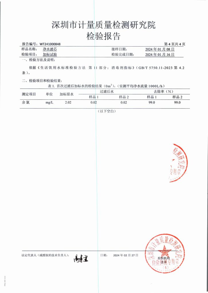 According to a third-party test conducted by the Shenzhen Academy of Metrology & Quality Inspection (SMQ), the tested membrane achieved a 99% residual chlorine removal rate when the test water was spiked to an initial residual chlorine concentration of 2.02 mg/L, under the conditions specified in the test report.